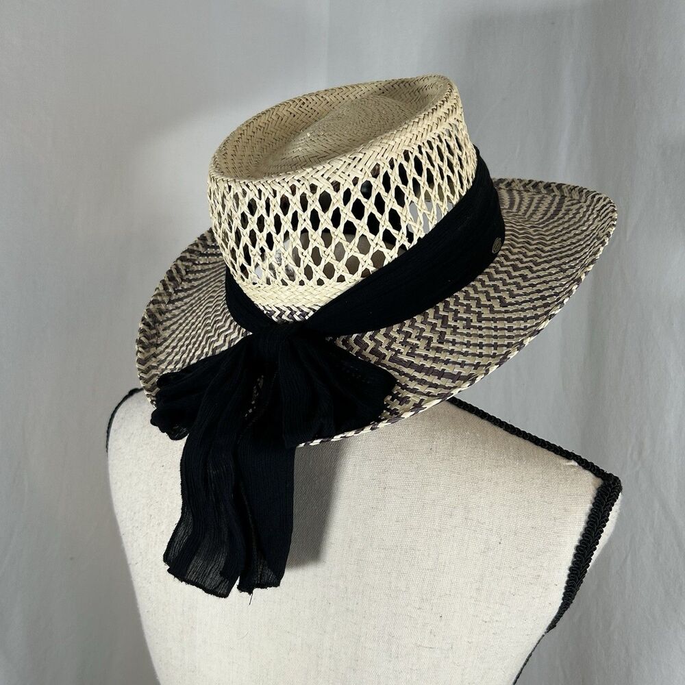 Scala Collezione Woven Palm Straw Sun Hat Black Cream Beige Two-Tone Bow Sash OS